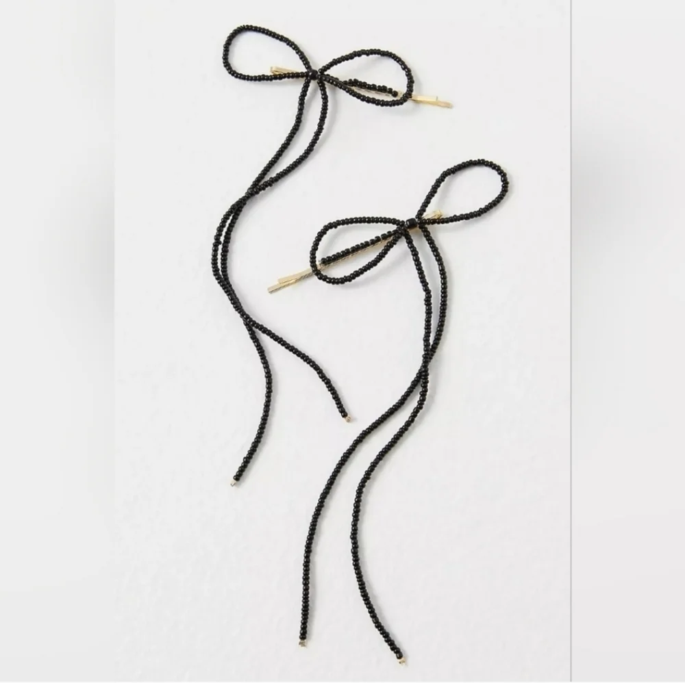 Free People Coquette Dainty Black Beaded Bow Bobby Pins Hair Clips NWT Set